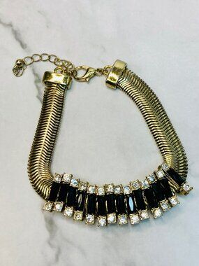 Gold-Tone Snake Chain Bracelet Black & Clear Rhinestones- 25B